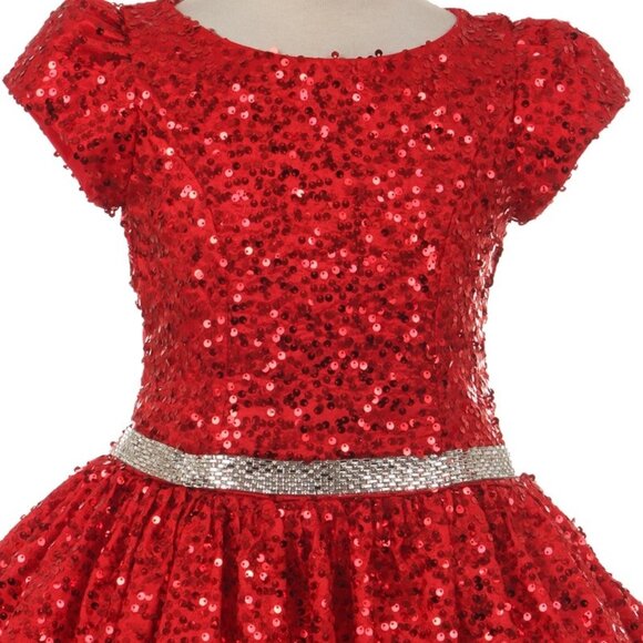 Girls Sequin Embellished Short Sleeved Flowers Girls Dresses Christmas Red New - Picture 3 of 3